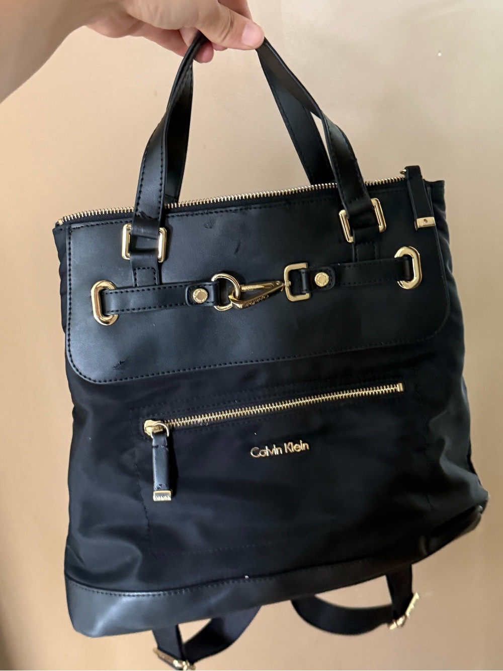 Calvin Klein Black Nylon & Leather Convertible Backpack Tote with Gold Hardware